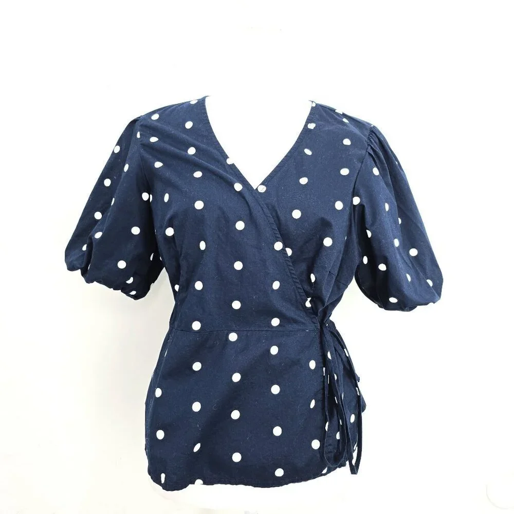 Old Navy Navy Blue White Polka Dot Puff Sleeve Wrap Top Women Size Large